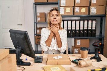 Sticker - Young blonde woman working at small business ecommerce shouting and suffocate because painful strangle. health problem. asphyxiate and suicide concept.