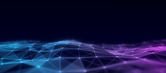 Wave of particles and lines. Big data visualization. Abstract background with a dynamic wave. 3d rendering.