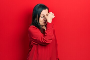 Canvas Print - Middle age hispanic woman wearing casual clothes tired rubbing nose and eyes feeling fatigue and headache. stress and frustration concept.