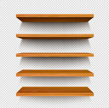 Wooden Store Shelf On Transparent Background. Vector Realistic Empty Wall Shelves, Bookshelves And Display Racks With 3d Wood Boards And Shadows. Furniture For Book Shop, Home And Office Interior
