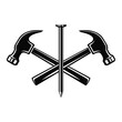 Carpenter logo with crossed hammers and metal nail. Claw hammer and nail symbol, carpentry icon