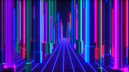 Wall Mural - a futuristic background with neon glowing cubes (3d rendering)