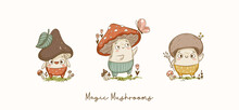 Cartoon Mushrooms Collection. Cartoon Vector Illustration For Posters, T-shirt Print, Postcard.	