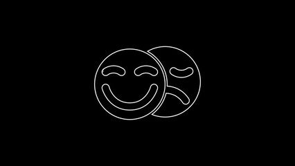 Sticker - White line Comedy and tragedy theatrical masks icon isolated on black background. 4K Video motion graphic animation