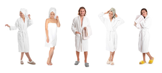 Canvas Print - Collage with photos of people with soft towels on white background. Banner design