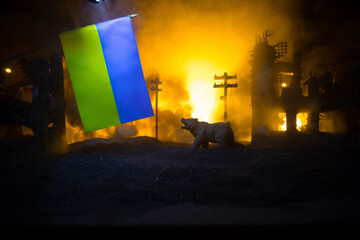 Wall Mural - Creative artwork decoration war on Ukraine. Crowd looking on giant explosion and attacking soldiers.