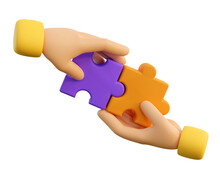 3d Human Hands With Jigsaw Puzzle Pieces. Concept Of Business Problems, Partnership, Development, Cooperation And Teamwork. 3d High Quality Render.