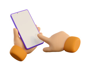 3d cartoon human hand hold smartphone isolated. Using phone concept. Realistic 3d high quality render