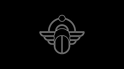 Poster - White line Egyptian Scarab icon isolated on black background. Winged scarab Beetle and sun. 4K Video motion graphic animation