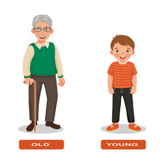 Poster - Opposite adjective antonym words old and young illustration of grandpa with little boy explanation flashcard with text label