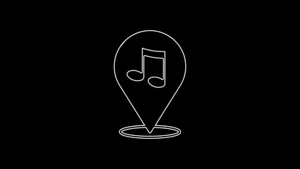 Sticker - White line Location musical note icon isolated on black background. Music and sound concept. 4K Video motion graphic animation