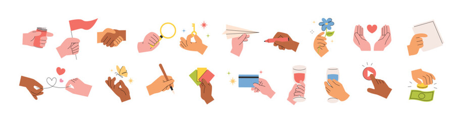 Wall Mural - hands holding various objects, hands expressing something. flat design style vector illustration.