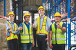 © JU.STOCKER - Success Teamwork Concepts, Foreman worker team smiling with showing thumbs up in a warehouse, Manager and workers professional team