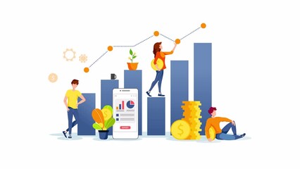 Wall Mural - Diagrams, coins, phone and working people. Profit, income, making money, financial app, business, investment analysis, Internet banking concept. Animation video.