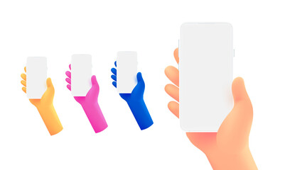Poster - Cartoon hands with white smartphone. 3d vector clipart isolated on white