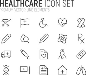 Poster - Simple line set of healthcare icons.