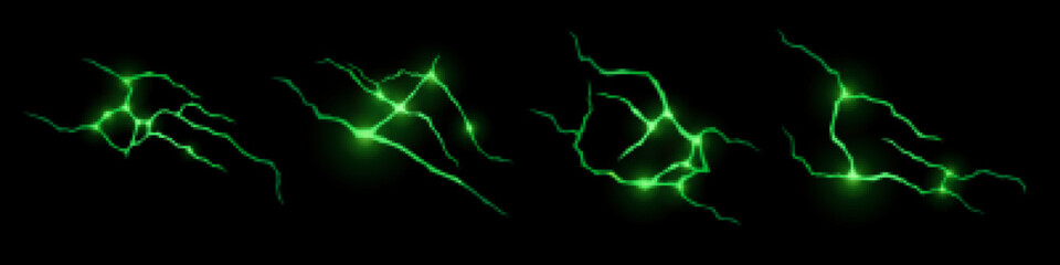 Realistic set of green lightnings isolated on black background. Vector illustration of scary thunderbolt strikes glowing at night. Symbol of magic power. Electric discharge sparks during thunderstorm