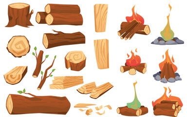 wooden materials and burning firewoods set, flat vector illustration isolated.