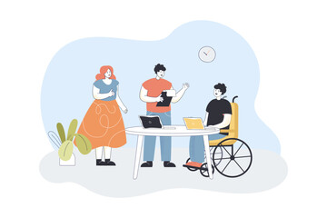 Wall Mural - man on wheelchair applying for job flat vector illustration. person with disability working on lapto