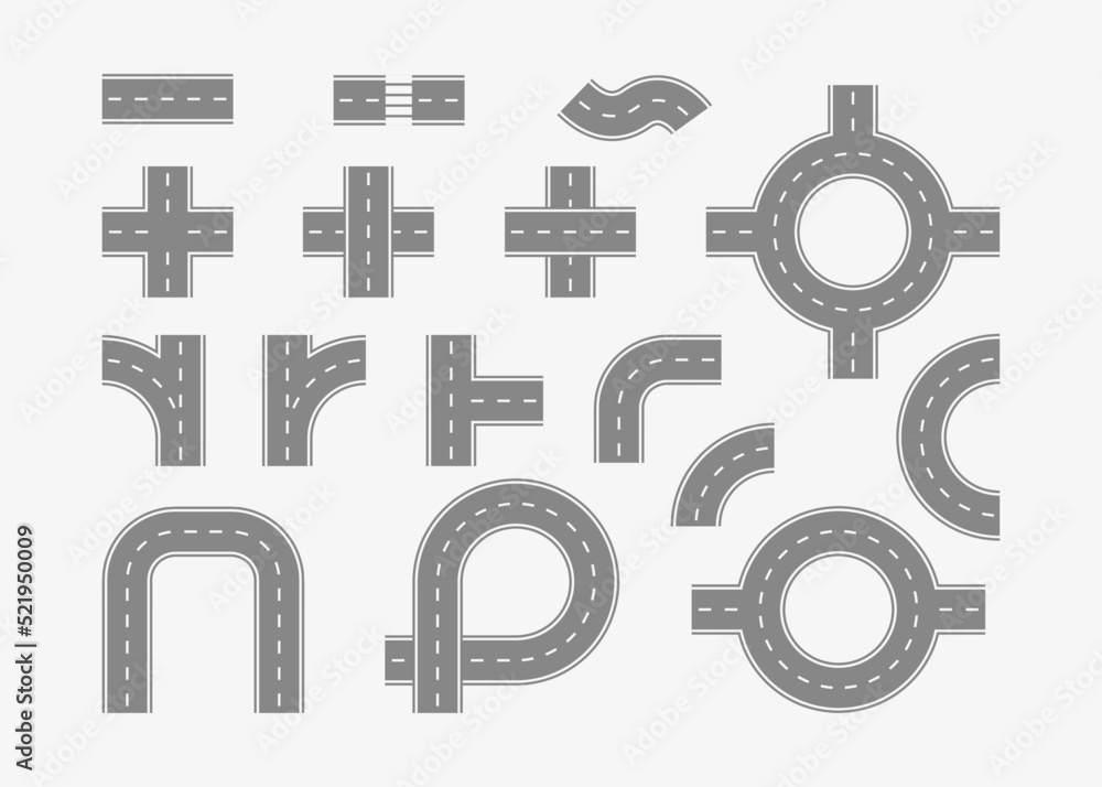 Section path street, road and highway set, top view. Line elements road ...