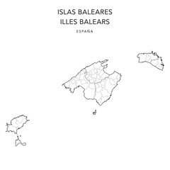 Wall Mural - Geopolitical Vector Map of the Autonomous Community of the Balearic Islands (Islas Baleares or Illes Balears) with Judicial Areas and Municipalities (Municipios) as of 2022 - Spain