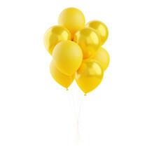 Yellow Holiday Balloons 3d Render Illustration. Bunch Of Flying Helium Balloon For Birthday Or Anniversary Congratulation Concept - Pastel Floating Inflated Balls.