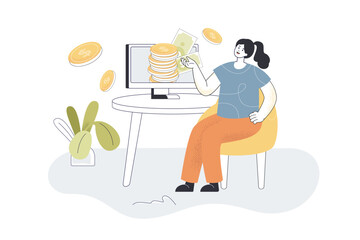 Woman receiving money from computer screen. Successful woman earning money on internet flat vector illustration. Finance, banking, investment concept for banner, website design or landing web page