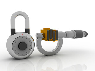 Poster - 3D rendering Yellow folder in screw gauge near lock. Data security concept
