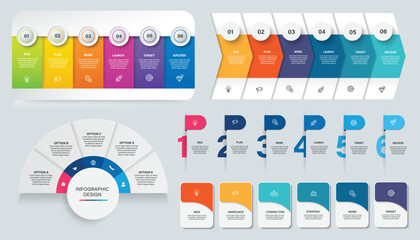 Collection of Business infographic design template with options, steps or processes. Can be used for presentation, diagram, annual report, web design, workflow layout