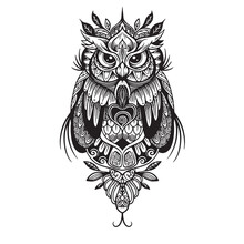 OWL Black White Hand Drawn Doodle. Ethnic Patterned Illustration. African, Indian, Totem, Tribal, Design. Sketch For Adult  Coloring Page, Illustration For Coloring Book