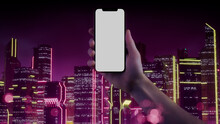 Cyberpunk Phone Mockup, With Pink And Yellow Neon Cityscape Background.