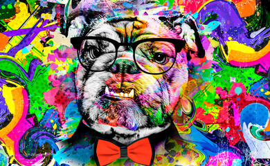 Wall Mural - abstract colored dog muzzle isolated with glasses on colorful background