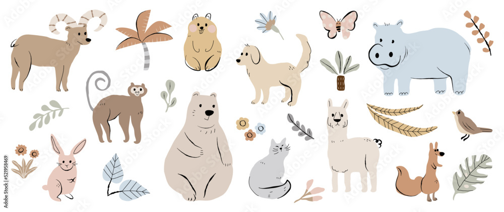 Set of cute animal vector. Friendly wild life with hippo, bear, rabbit ...