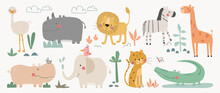Set Of Cute Animal Vector. Friendly Wild Life With Hippo, Leopard, Crocodile, Elephant, Lion In Doodle Pattern. Adorable Funny Animal And Many Characters Hand Drawn Collection On White Background.