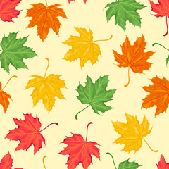 Autumn botanical background with colorful maple leaf on yellow. Falling leaves seamless pattern. Vector cartoon illustration of nature.