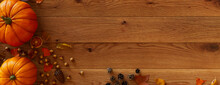 Harvest Wallpaper Including Pumpkins, Acorns, Autumn Leaves And Fruits.