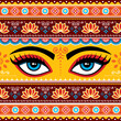 PrintPakistani or Indian truck art vector seamless pattern with girl's or woman's eyes, flowers, leaves and abstract shapes
 