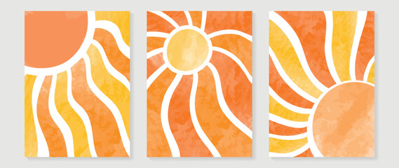 Wall Mural - set of abstract wall art vector background. wall decor design with orange color, sunshine, sun ray, 