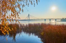The Foggy Pivnichnyi (Northern) Bridge On Dnieper River With Reeds Thickets, Kyiv, Ukraine