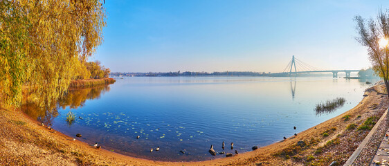 Sticker - Panorama with Pivnichnyi (Northern) Bridge on Dnieper River on sunrise, Kyiv, Ukraine