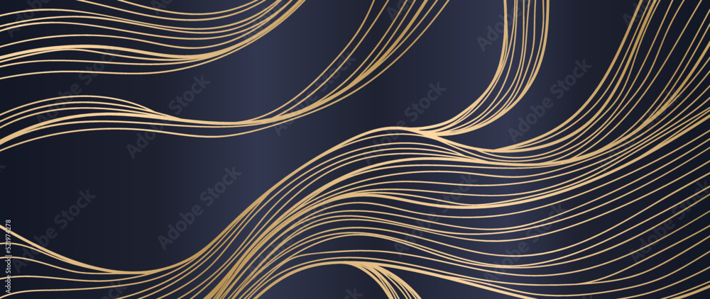 Elegant abstract line art on gradient blue background. Luxury hand drawn with gold wavy line and abstract shapes. Shining wave line design for wallpaper, banner, prints, covers, wall art, home decor.