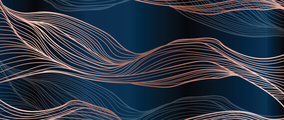 Wall Mural - elegant abstract line art on gradient blue background. luxury hand drawn with gold wavy line and abs