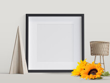 Black Photo Frame With Sunflowers, 3d Rendering, Illustration