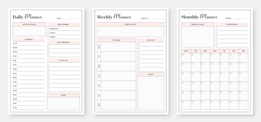 Wall Mural - Daily, weekly, monthly planner template. Modern planner template set. 3 Set of minimalist Planners. Printable planner template design.