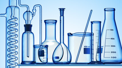 Wall Mural - glass chemistry lab equipment on blue background. chemistry lab concept. 3d