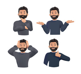 A set of young men's upper body with different facial expressions. Man showing like, gesture, sadness. Set of different emotions male 3D render character. Handsome man emoji with various facial.