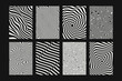 Set of Liquify Lines effect black and white templates. Retro futuristic posters with optical illusion effect. 3d waves, abstract stripes . Creative geometric design.
