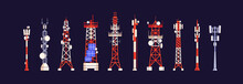 Radio Masts, Antenna Towers Set For Telecommunication, Broadcasting. TV, Internet, Satellite SignaI Transmission Stations, Radars, Poles. Telecom Structures. Isolated Flat Vector Illustrations
