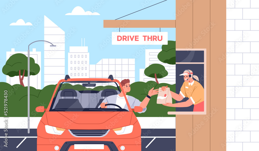 Driver at drive thru through service. Person ordering takeaway fast ...