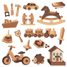 Kids Wooden Toys And Toy Tools Set, Flat Vector Illustration Isolated.